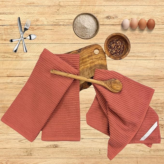 Serafina Home Peach Coral Salmon Kitchen Hand Dish Towels: Oversized 28" x 18",100% Cotton Cloth Soft Cleaning Drying Absorbent Ribbed Design, Set of 3 Multipurpose for Everyday Use (Peach)