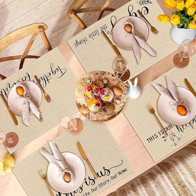 Farmhouse Placemats Set of 6 Linen Placemats 18x12'' Rustic Table Mats with Sayings Housewarming Gifts Country Tablemats Washable Cloth Place Mats for Farmhouse Table Setting(Khaki)