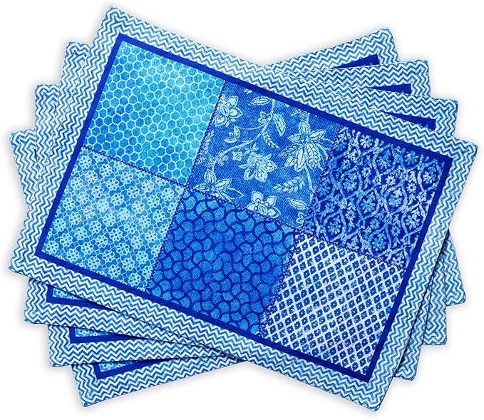 Maison d' Hermine Placemats Set of 4 100% Cotton Washable Cloth Place Mats Reusable Table Mats for Kitchen Dining Party Wedding Gifts for Mothers Day Spring/Summer (Indigo Love, 13" x 19")