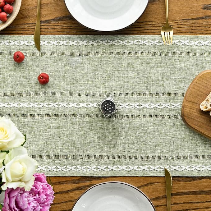 Artoid Mode Sage Green Rustic Cotton Linen Table Runner, Seasonal Embroidered Hollow Kitchen Dining Table Decoration for Home Party Decor 13x36 Inch