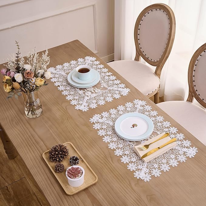 White Ivory Gold Floral Lace Placemats 14”x20” Set of 2, Table Topper Dresser Scarf Place Mats(Set of 2, White & Ivory)