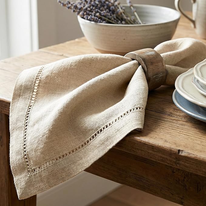 Flax Hemstitchend Cloth Dinner Napkin Set of 4 Natural 20x20 Inches, Decorative Premium Cotton Linen Dinning Table Napkins Ideal for Spring, Easter, Cocktail | Washable Kitchen Napkin for Home Décor