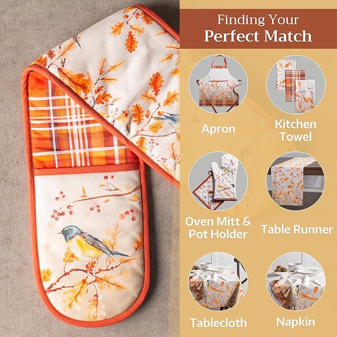 Maison d' Hermine Double Oven Mitt (7" x 35") 100% Cotton Heat Resistant BBQ Cooking Gloves with Loop for Thanksgiving Christmas Decorations Baking Cooking Barbeque Handling Hot Pan (Oak Leaves)