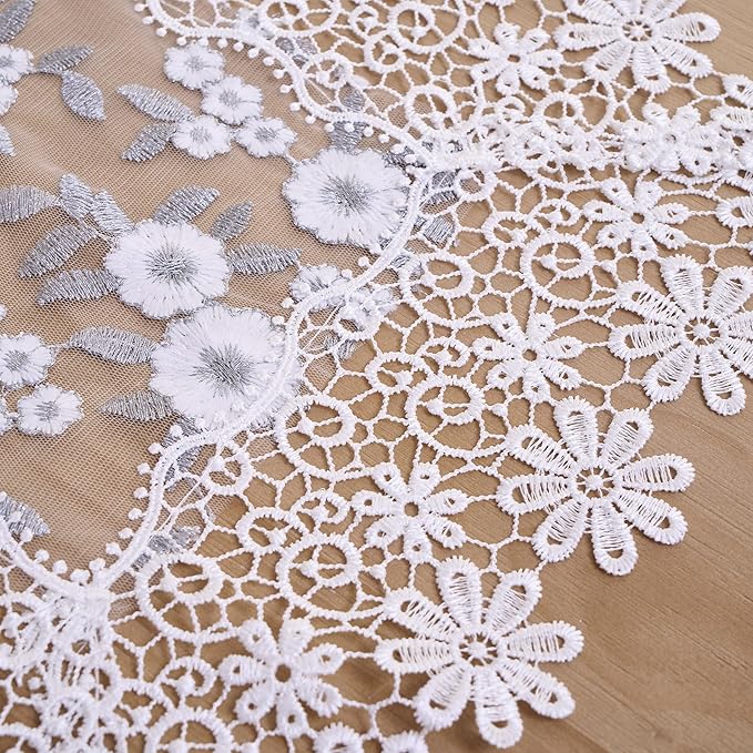 White Floral Grey Silver Leaves Lace Placemats 14”x20” Set of 2, Table Topper Dresser Scarf Place Mats (Set of 2, White & Grey)