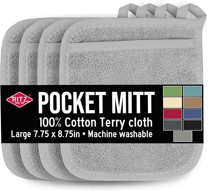 RITZ Terry Pocket Mitt & Hot Pad: Unparalleled Heat Resistant, Durable 100% Cotton – Ergonomically Designed for Optimal Grip – Easy-Care Machine Washable – 4-Pack, Titanium Grey