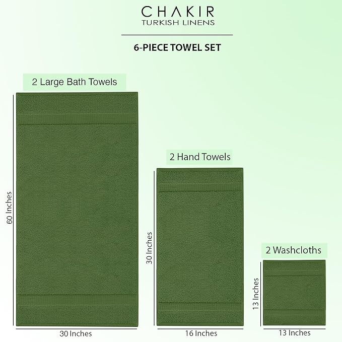 Chakir Turkish Linens 100% Cotton Premium Turkish Towels for Bathroom, 2 Large Bath Towels 36x60, 2 Hand Towels, 2 Washcloths (6-Piece Towel Set, Moss)