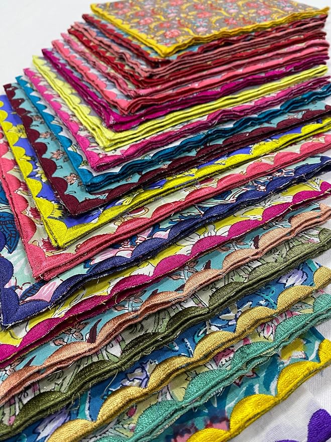 Ridhi Hand Block Print Assorted 18" x 18" (Set of 6) Embroidery Table Napkins Reusable Cotton Dinner Napkins for Weddings, Parties, Everyday Dining Gift for Spring, Easter, Valentine
