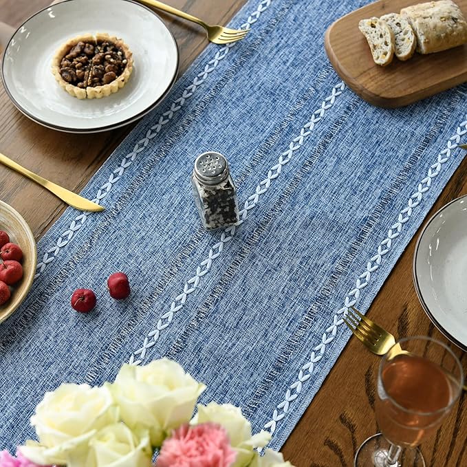 Artoid Mode Blue Rustic Cotton Linen Table Runner, Seasonal Embroidered Hollow Kitchen Dining Table Decoration for Home Party Decor 13x108 Inch