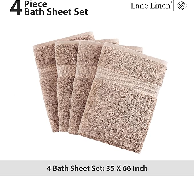 LANE LINEN 100% Pure Cotton Bath Sheets 4 Pack (35"x66") - Ring Spun Cotton Extra Large Towel Sets - Quick Dry, Soft & Absorbent Oversized Shower Towels - Sustainabaly Produced, Pre Shrunk - Taupe