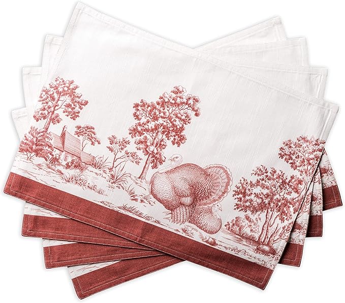Maison d' Hermine Placemats Set of 4 100% Cotton Washable Cloth Place Mats, Reusable Table Mats for Thanksgiving Christmas Decorations Kitchen Dining Party Wedding (Holy Jouy - Red, 13" x 19")