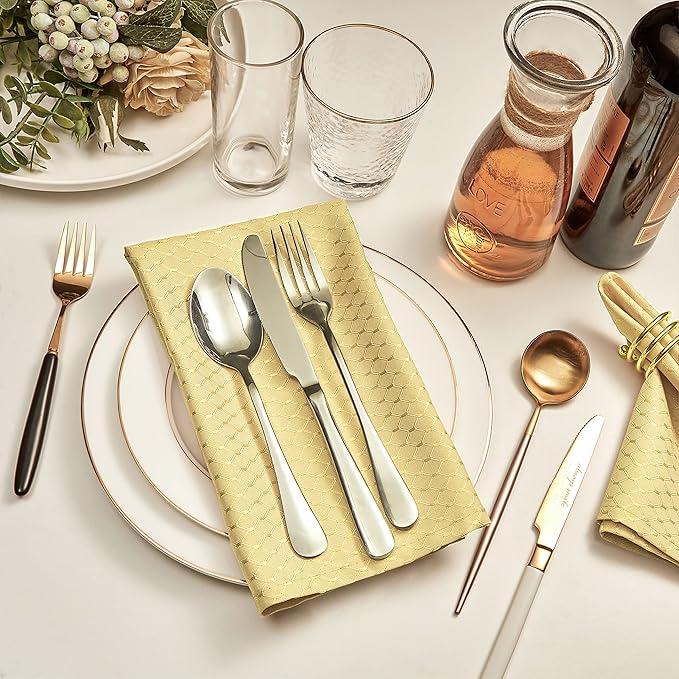 Cloth Napkins Set of 8 – Square 17x17 Inch Jacquard Fabric Polyester Washable Reusable Cloth Napkins for Kitchen Dinner Dining Restaurants Wedding Party Banquet Table (Gold A)