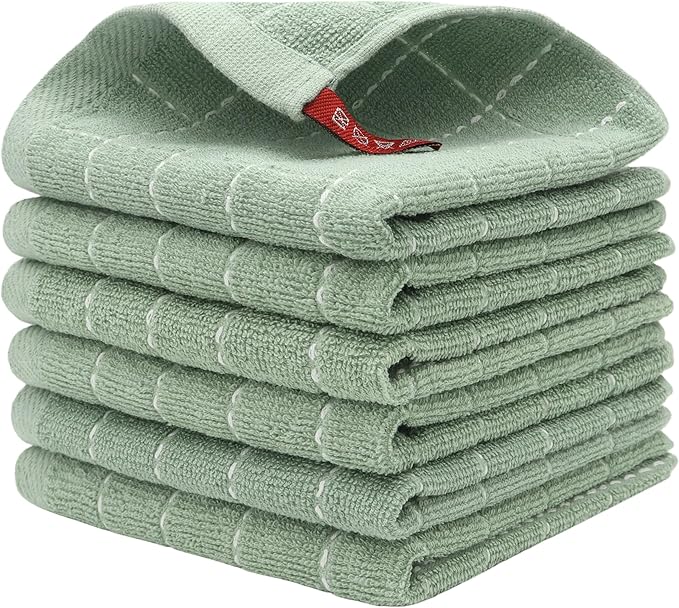 Cotton Terry Dish Cloths, Absorbent Dish Towels for Kitchen Drying, Soft Wash Cloths Multipurpose Dish Rags for Washing Dishes, 12 x 12 Inches, Set of 6 (Light Green)