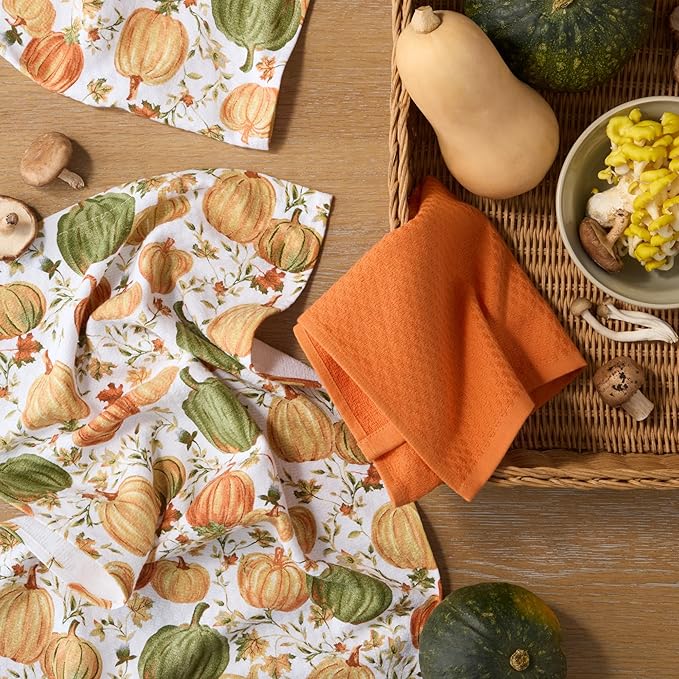 Martha Stewart Autumn Harvest Pumpkins Kitchen Towel 3-Pack Set, 100% Cotton with Absorbent Terrycloth, Decorative Kitchen Towels, Orange/Green/Ivory, 16"x28"