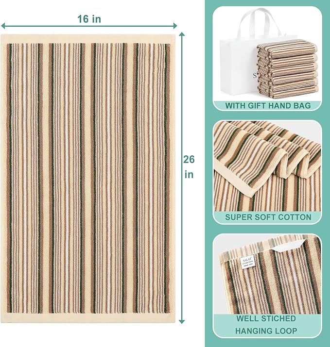 SALAS Premium Kitchen Dish Towels for Drying Dishes, Large Cotton Kitchen Towels, Stripped Terry Dish Cloths, Thick Highly Absorbent Towel Sets with Hanging Loop, 16" X 26", 6 Packs Beige