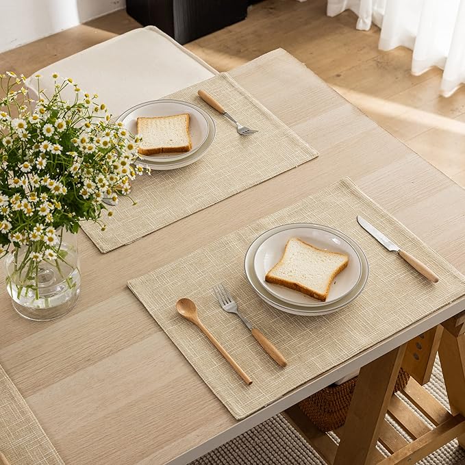 Kevin Textile Burlap Linen Placemats Set of 6 Heat Resistant Dining Table Cloth Place Mats Washable Kitchen Table Mats for Dinning Party Holiday Indoor Outdoor, 13 x19 inches, Cream Beige