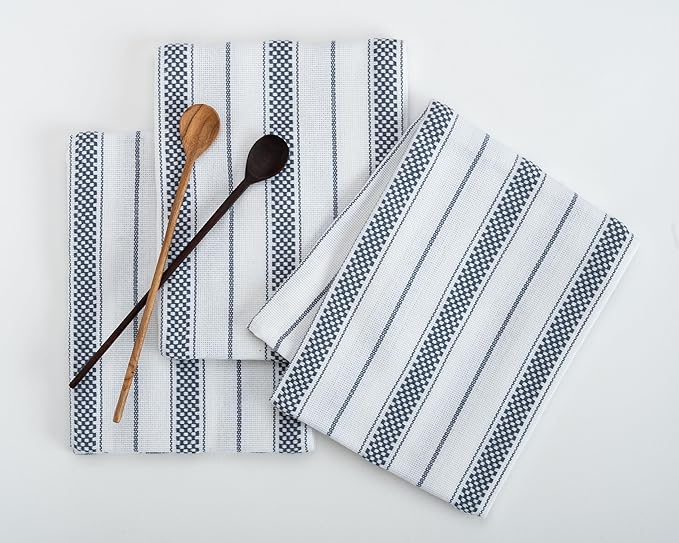 Kitchen Towels Set – Pack of 6 (20’’ x 30’’) Extra Large Premium Cotton Dish Towels for Kitchen – Chain Stripe Towels – Absorbent – 100% Cotton – with Hanging Loop – Blue Grey