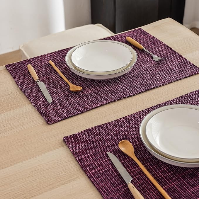 Kevin Textile Burlap Linen Placemats Set of 6 Heat Resistant Dining Table Place Mats Washable Kitchen Table Mats for Dinning Party Holiday Indoor Outdoor, 13 x19 inches, Red Purple