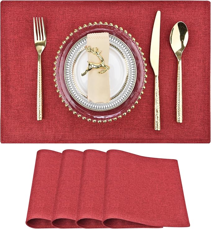 SLKQG Christmas Linen Fabric Placemats Set of 4 - Holiday Dining Table Mats for Festive Decor, Heat Resistant & Machine Washable, Place Mats for Dinner Parties, Xmas Gift for Home (4, Wine Red)