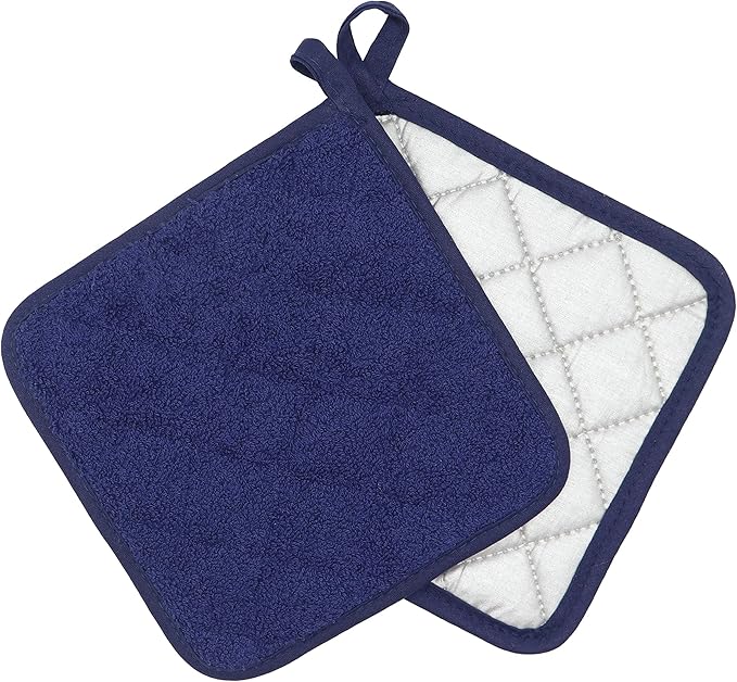 Cotton Pot Holders Cotton Made Machine Washable Heat Resistant Everyday Kitchen Basic Terry Pot Holder, Hot Pads, Trivet for Cooking and Baking Set of 4 (Navy Blue)