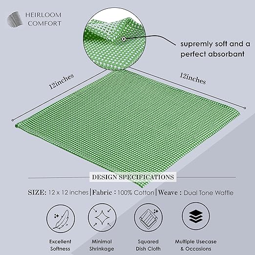 12 Pack Dual Tone Waffle Weave Dish Cloth, 12x12 Inches, 100% Cotton Dishcloth Set, Super Absorbent, Quick Drying, Soft Hand Towels for Cleaning, Washing, Durable, Mint Green
