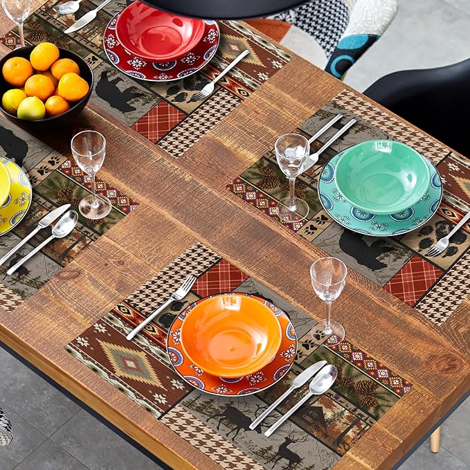 Rustic Lodge Bear Deer Placemats Set of 4, 12x18 Inch Vintage Cabin Pine Cone Wild Animal Place Mats Boho Style Country Heat Resistant Table Mats for Holiday Party Kitchen Dining Table