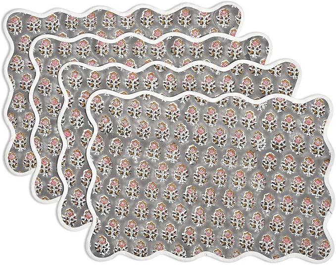CPC Cotton Placemats Labra Grey Set of 4-Hand Block Printed Reversible Placemats, Flower Scalloped & Embroidered Cloth Table Mats - 14 x 20 inch Gift for Spring, Mother's Day