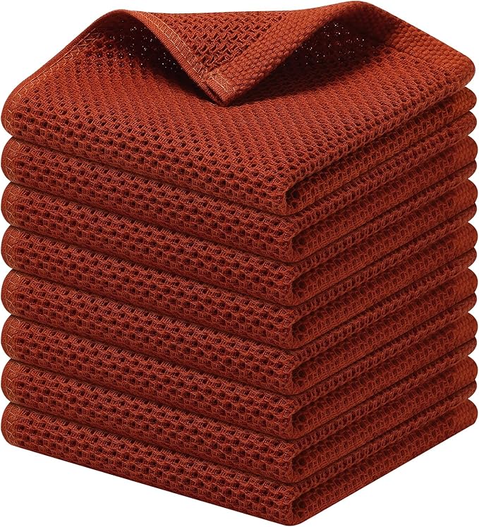 Kitinjoy 100% Cotton Kitchen Dish Cloths (12 X 12 Inches, Rust), 8 Pack Waffle Weave Ultra Soft Absorbent Dish Towels for Drying Dishes Quick Drying Kitchen Towels Dish Rags