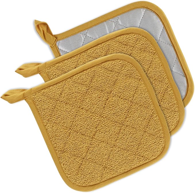 DII Basic Terry Collection Quilted 100% Cotton, Potholder, Honey Gold, 3 Piece