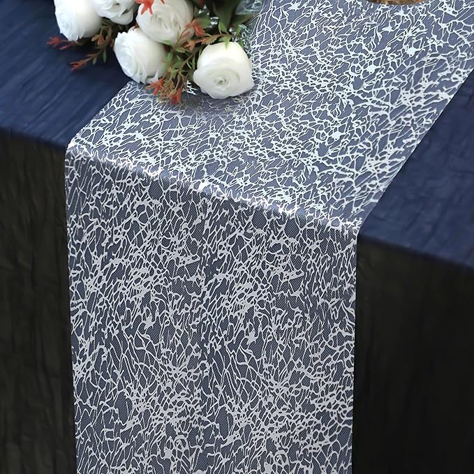 Snowkingdom 20Ft Silver Table Runner, Sparkly Foil Mesh Crackle Metallic Glitter Table Runner, Silver Dining Centerpieces Decorations for Wedding Birthday Christmas Holiday Party Decor 240Inch