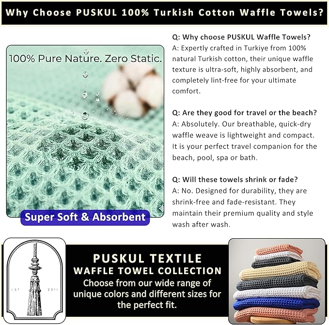 PÜSKÜL Natural 100% Turkish Cotton Black Waffle Bath Towels Set of 2-Piece | 32x63 Extra Large Absorbent Quick-Dry Lightweight Spa Towel | Decorative Bathroom Towel (Black Bath Towels - Pack of 2)