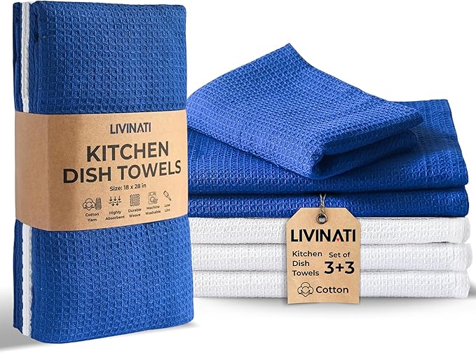 Highly Absorbent Cotton Dish Towels for Drying - Set of 3+3 - Royal Blue + White Kitchen Towels - 18"X28" Lint Free Waffle Weave Cloth Linen Hand Bathroom Bulk Dishtowels