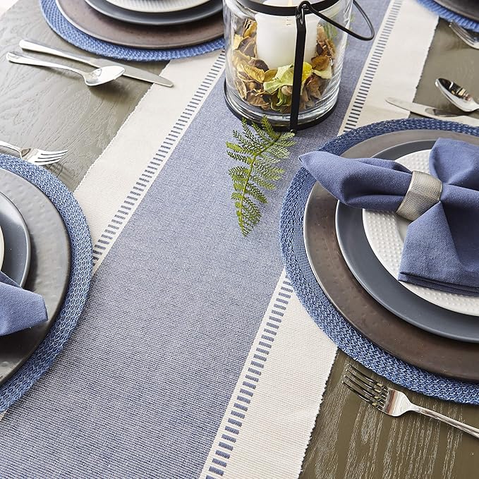 DII Dobby Stripe Woven Table Runner, 13x108 (13x113.5, Fringe Included) French Blue