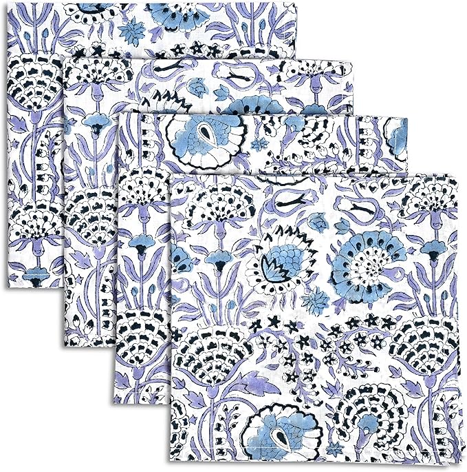 CPC Indigo Blue Indian Block Print Cotton Cloth Napkins Set of 4, 18x18 Reusable Everyday Napkins, Soft, Absorbent, Floral Dinner Napkin, Holiday, Party Gift, Spring,Mother's Day