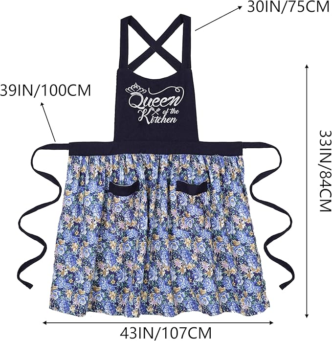 Cute Floral Aprons for Women with Pockets,Cotton Adjustable Neck Strap Apron for Kitchen Cooking Baking Gardening