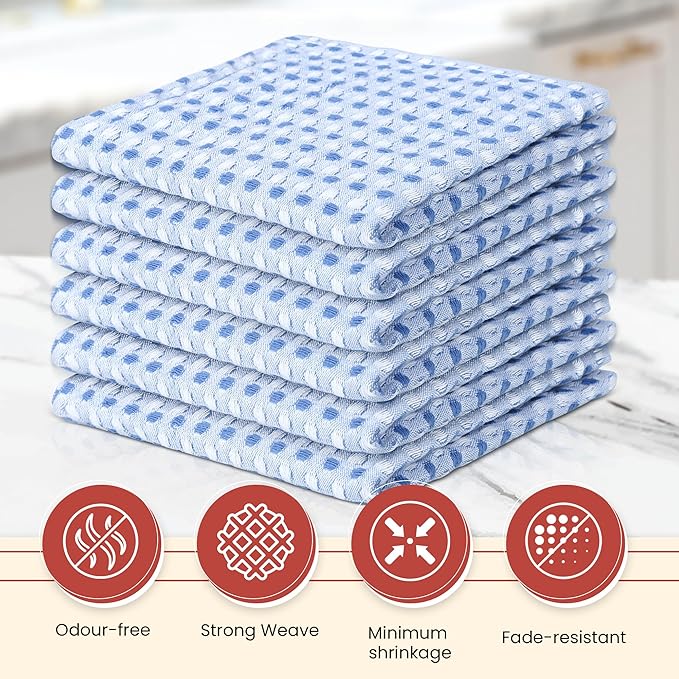 Vintage Vista 100% Cotton Dish Cloths (Pack of 6) - Dish Rags for Washing Dishes - Reusable & Highly Absorbent Kitchen Towels - Kitchen Rags fo Easter - (12" x 12" - Blue Honeycomb)