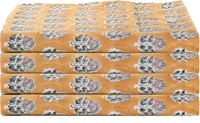 CPC Cloth Napkins 100% Cotton Set of 4 Reusable Napkins, Indian Block Print Toile Floral Dinner Napkin, Fall Thanksgiving Christmas Holiday Party Gift - Soft Absorbent Napkin, 18"x18" Yellow Citrine