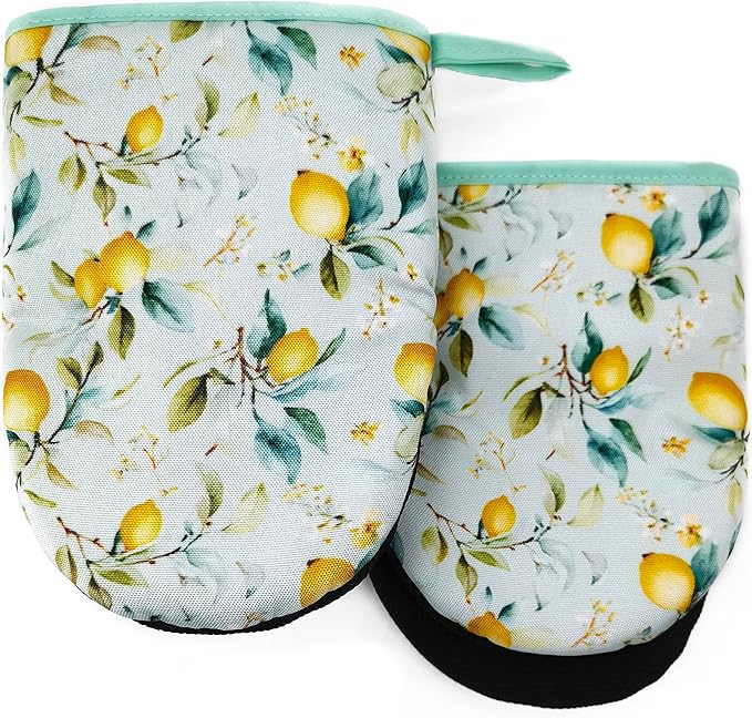 Lemon Oven Mitts, High Heat Resistant Kitchen Oven Gloves, Mini Silicone Oven Mitts, Non-Slip Grip Surfaces and Hanging Loop for Grilling, Baking, Cooking and Microwave, Gift