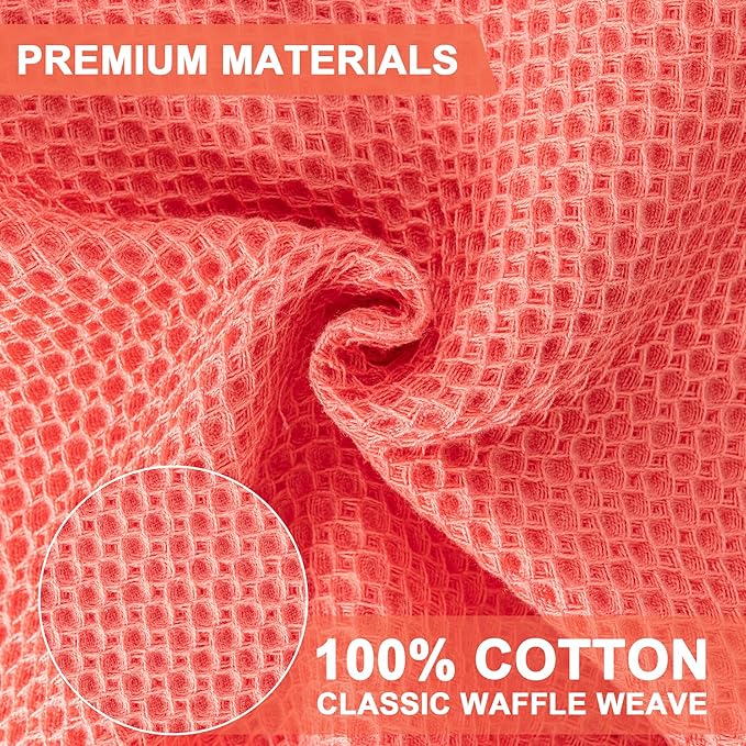 BOOMIBOO 6-Pack Kitchen Dish Cloths, 100% Cotton Waffle Weave, Ultra Soft Absorbent, Quick Drying Dish Towels, 12x12 Inches,Coral