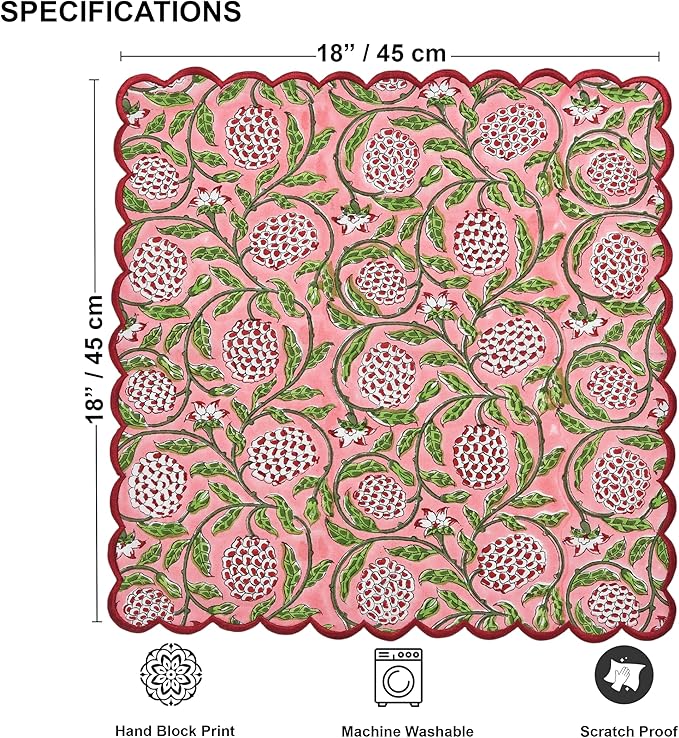 Ridhi Hand Block Print Strawberry Pink 18" x 18" (Set of 4) Embroidery Table Napkins Reusable Cotton Dinner Napkins for Weddings, Parties, Everyday Dining Gift for Spring, Easter, Valentine