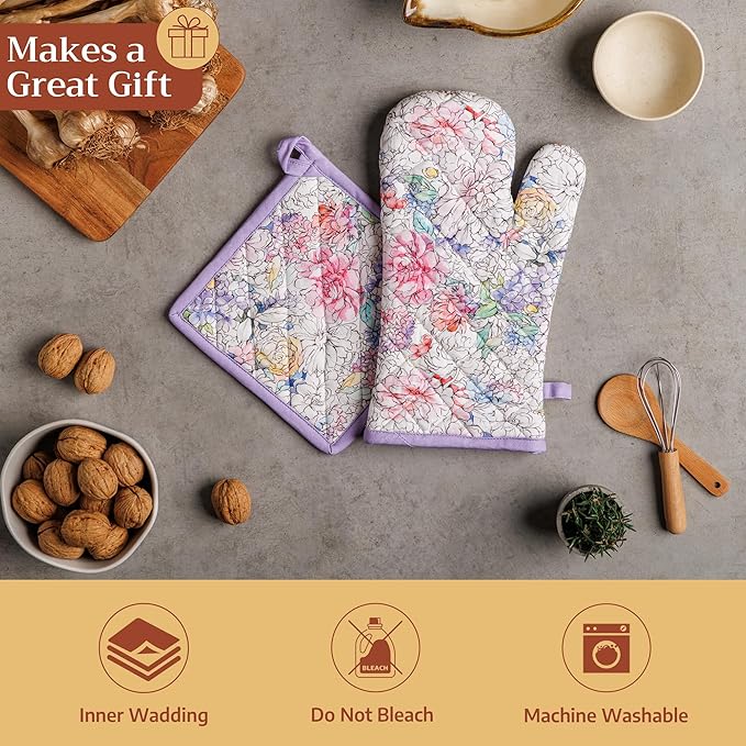 Maison d' Hermine Pot Holders 100% Cotton Heat Resistant Potholders 8" x 8" Hot Pads with Loop BBQ Cooking Baking Gifts for Mothers Day Handling Hot Pans Spring/Summer (Pack of 1, Floral Love)