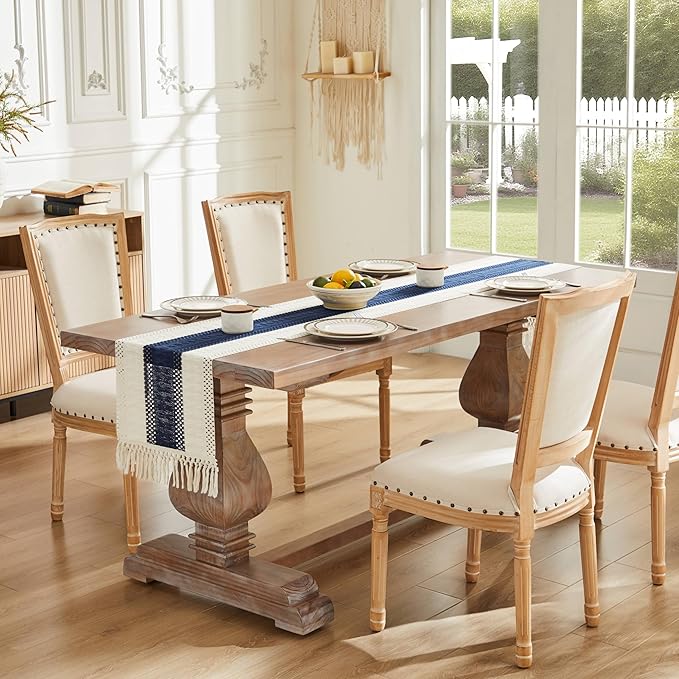ZeeMart Macrame Style Bicolor Stitching Table Runner, 14 x 90 Inch Navy Blue/Ivory, Boho Navy Table Runners 90 Inches Long, Farmhouse Woven Home Decor