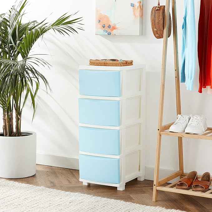 IRIS USA Plastic Drawer Storage Organizer, 4-Drawers, for Classroom Art Supplies Bathroom Dorm Bedroom Laundry Room, Slim Narrow, White Frame with Matte Blue Front Panels