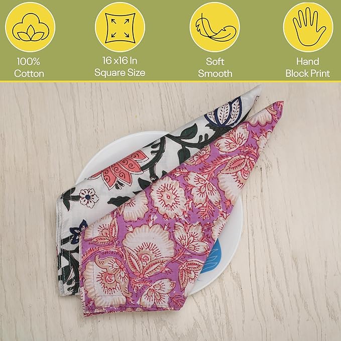 Marubhumi 10 Pc Cotton Cloth Napkins- Hand Block Print, Eco-Friendly, Dinner Napkins, Floral,Hand Made Size 16x16 Inch Printed Home Decor Multicolored