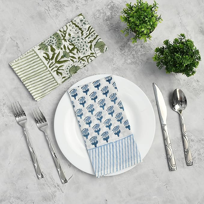 CPC Stripe Border Indian Block Print Cotton Cloth Napkins Set of 4, 18x18 Reusable Everyday Napkins, Soft, Absorbent, Floral Dinner Napkin, Holiday, Party Gift, Spring,Mother's Day