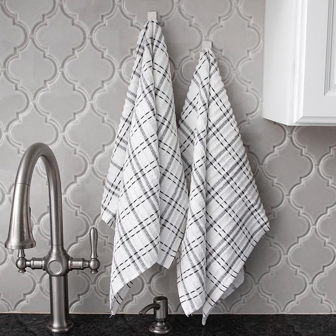 Ritz Royale Collection 100% Combed Terry Cotton, Highly Absorbent, Oversized Checked Kitchen Towel Set, 28" x 18", 2-Pack, Graphite