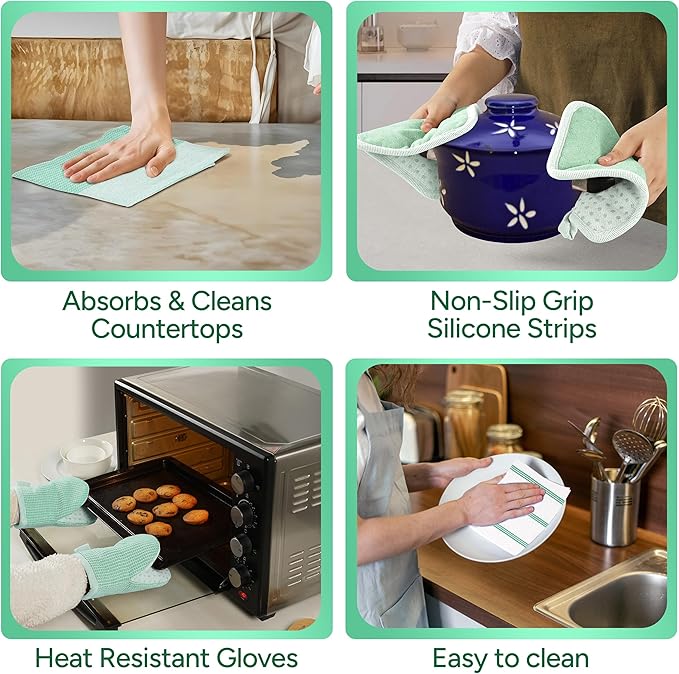 Casa Platino Potholders & Oven Mitts Heat Resistant, 8-Piece Mini Oven Mitt with Silicone Grip, Potholder for Kitchens, 2 Kitchen Towels & 2 Dish Cloths – Durable & Non-Slip – Sage
