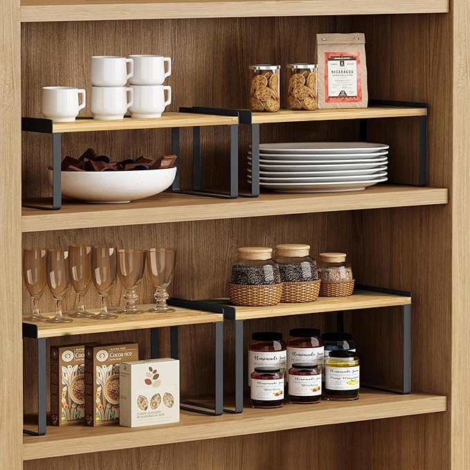 Goozii Kitchen Cabinet Organizer Shelf Set of 4, Stackable Pantry Cupboard Countertop Storage and Organizer, Desk Shelf Riser, Spice Plate Cup Expandable Storage Rack,(Black Bamboo) Large
