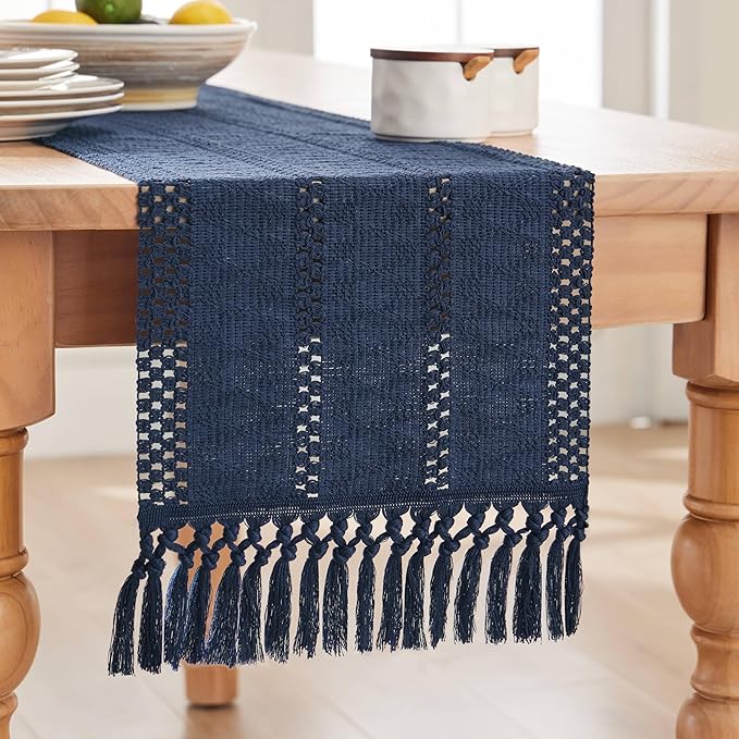 ZeeMart Macrame Style Boho Table Runner, Navy Table Runners 108 Inches Long, Farmhouse Woven Home Decor, 12x108 Inch, Navy Blue