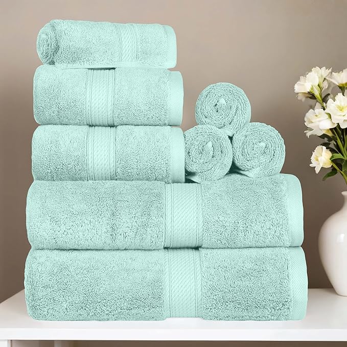 SUPERIOR Egyptian Cotton Pile 8 Piece Towel Set, Includes 2 Bath, 2 Hand, 4 Face Towels/Washcloths, Ultra Soft Luxury Towels, Thick Plush Essentials, Guest Bath, Spa, Hotel Bathroom, Sea Foam