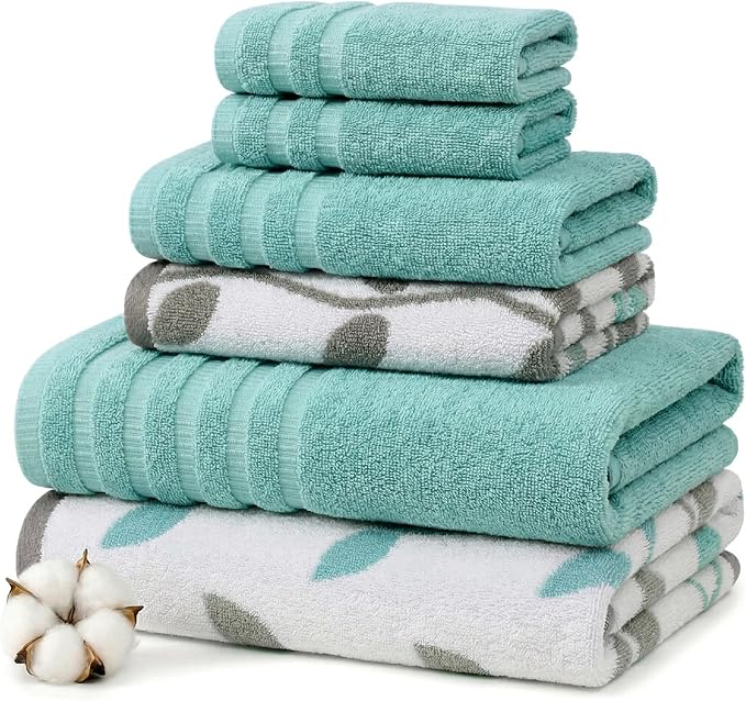 Modern Threads Natural Vine 6-Piece 100% Cotton Towel Set – Yarn Dyed Jacquard – Includes 2 Bath Towels, 2 Hand Towels, 2 Washcloths – Absorbent, Quick Dry, Soft & Durable – Aqua